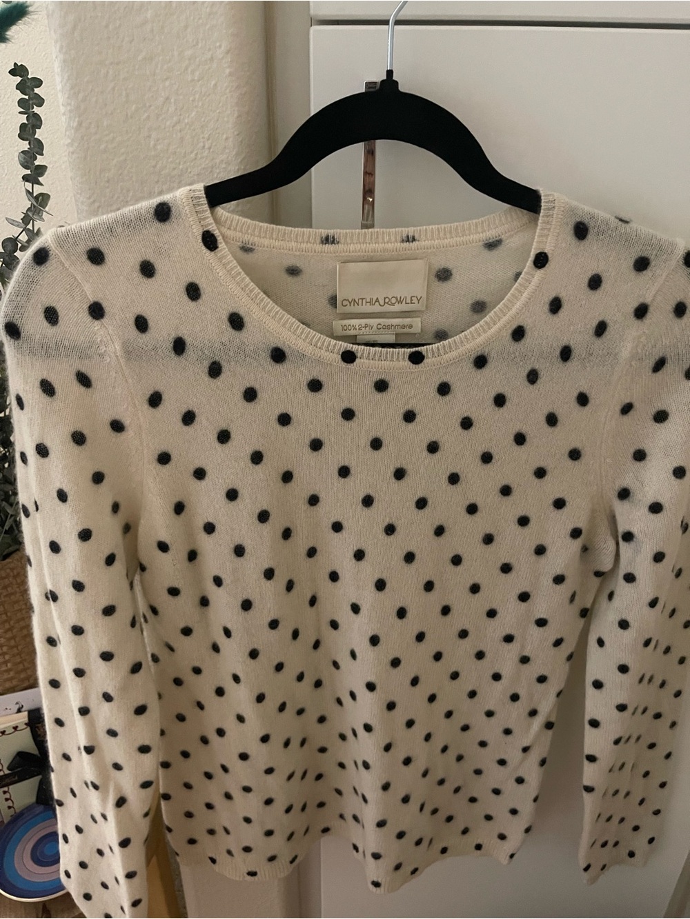 Cynthia Rowley Cream Crewneck Sweater with Black Polka Dots